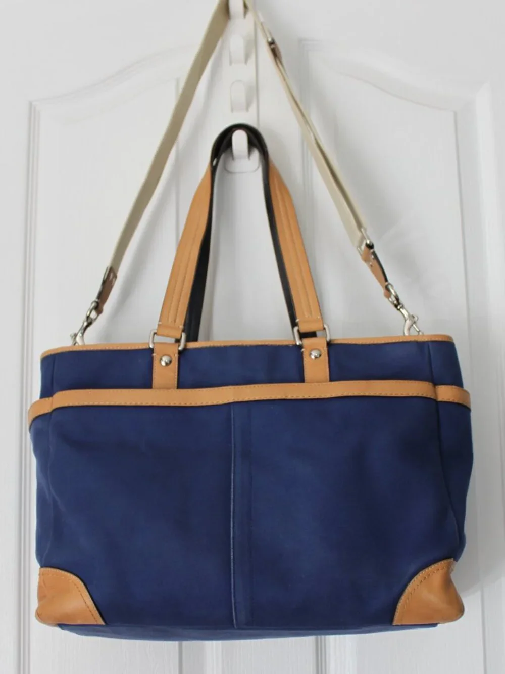 Coach Navy Blue Canvas Diaper Bag - Tan Leather Trim - Changing Pad Included 🍼⚓